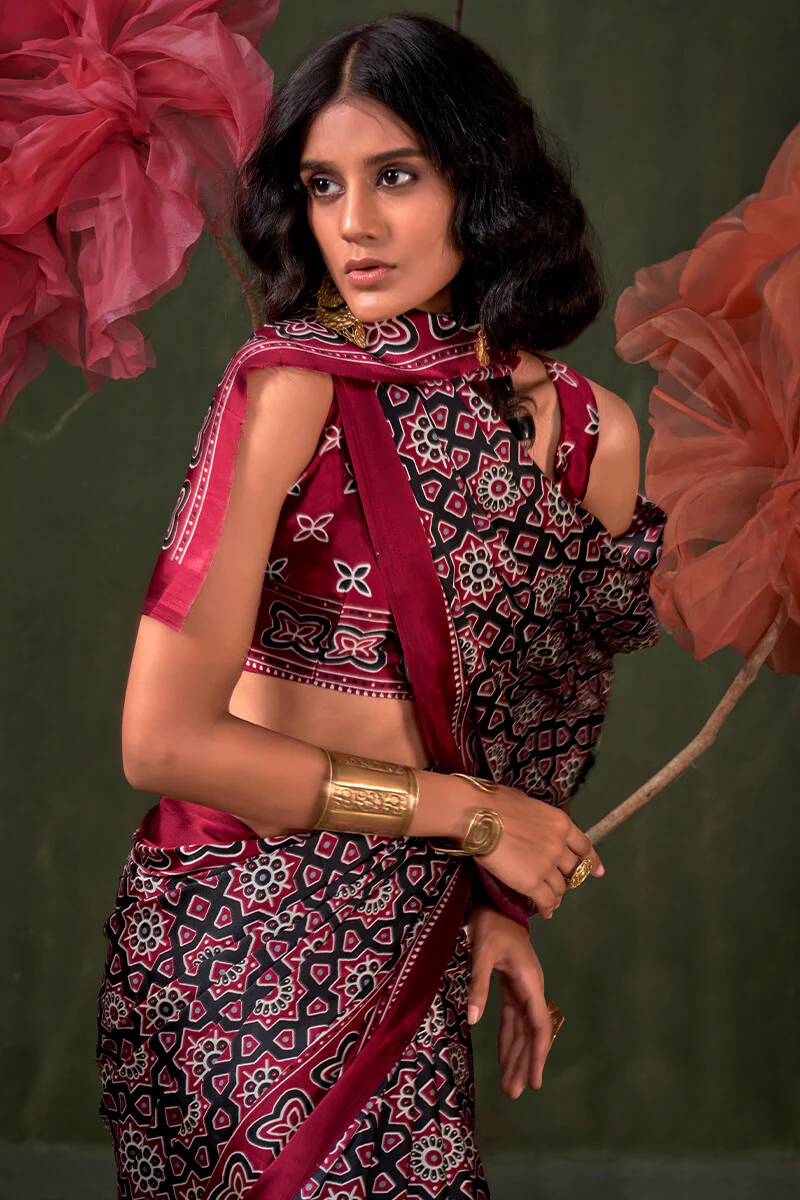 Embellished Wine Ajrakh Printed Satin Silk Saree With Majestic Blouse Piece - Image 2
