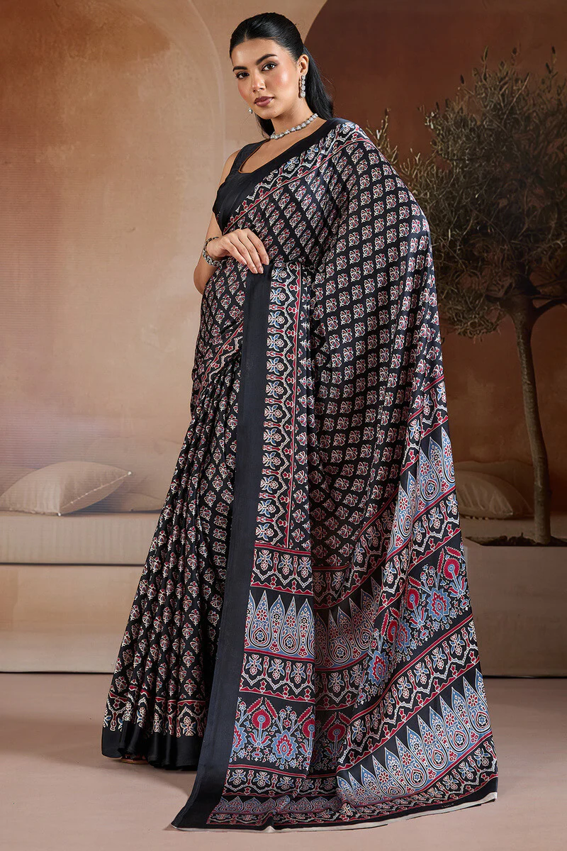 Embrocation Black Ajrakh Printed Satin Silk Saree With Fantabulous Blouse Piece - Image 3