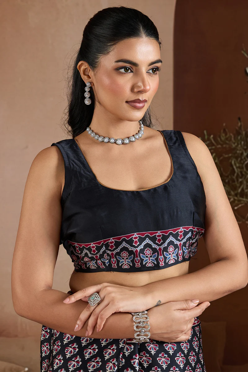 Embrocation Black Ajrakh Printed Satin Silk Saree With Fantabulous Blouse Piece - Image 4
