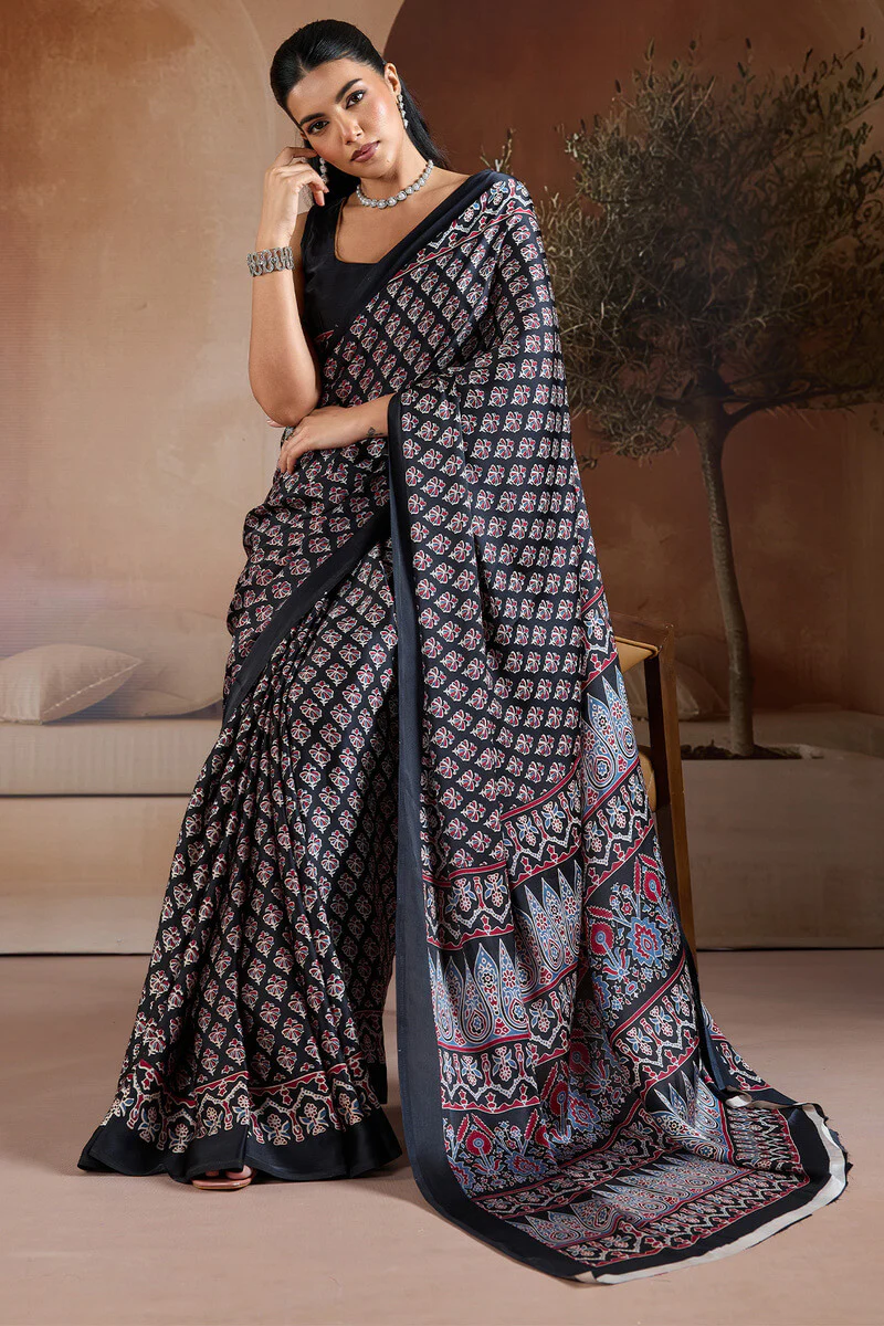 Embrocation Black Ajrakh Printed Satin Silk Saree With Fantabulous Blouse Piece - Image 5