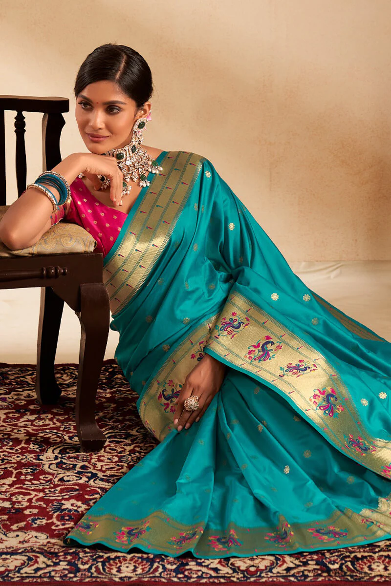 Embrocation Firozi Paithani Silk Saree With Demanding Blouse Piece - Image 3