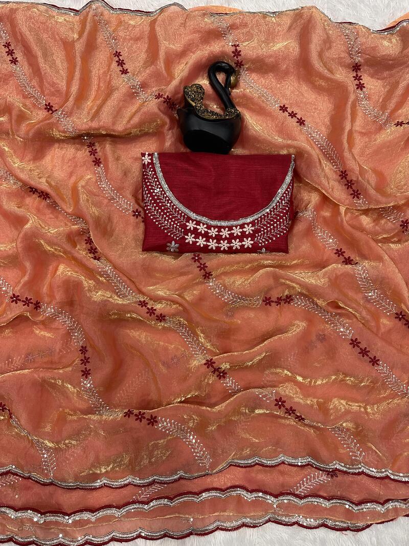 Embrocation Orange Sequence Work Fandy Silk Saree With Gratifying Blouse Piece - Image 2