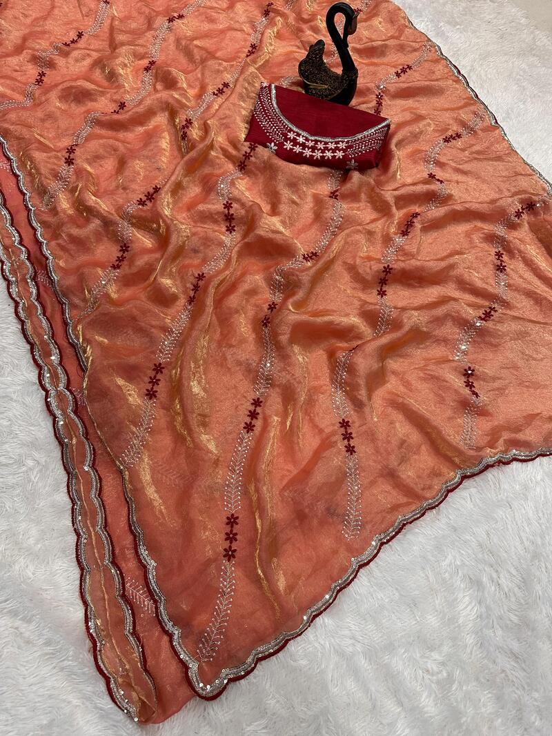 Embrocation Orange Sequence Work Fandy Silk Saree With Gratifying Blouse Piece - Image 3