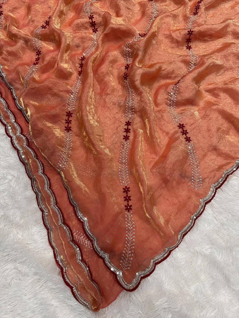 Embrocation Orange Sequence Work Fandy Silk Saree With Gratifying Blouse Piece - Image 4