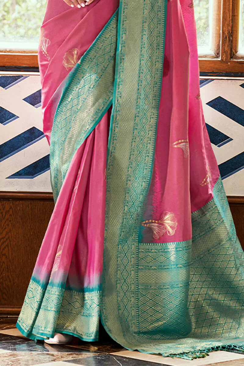 Embrocation Pink Soft Banarasi Silk Saree With Murmurous Blouse Piece - Image 3