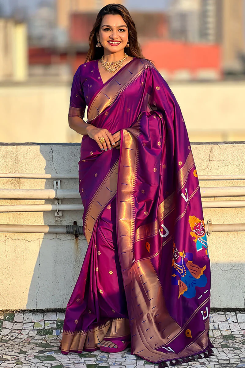 Embrocation Purple Paithani Silk Saree With Admirable Blouse Piece - Image 3