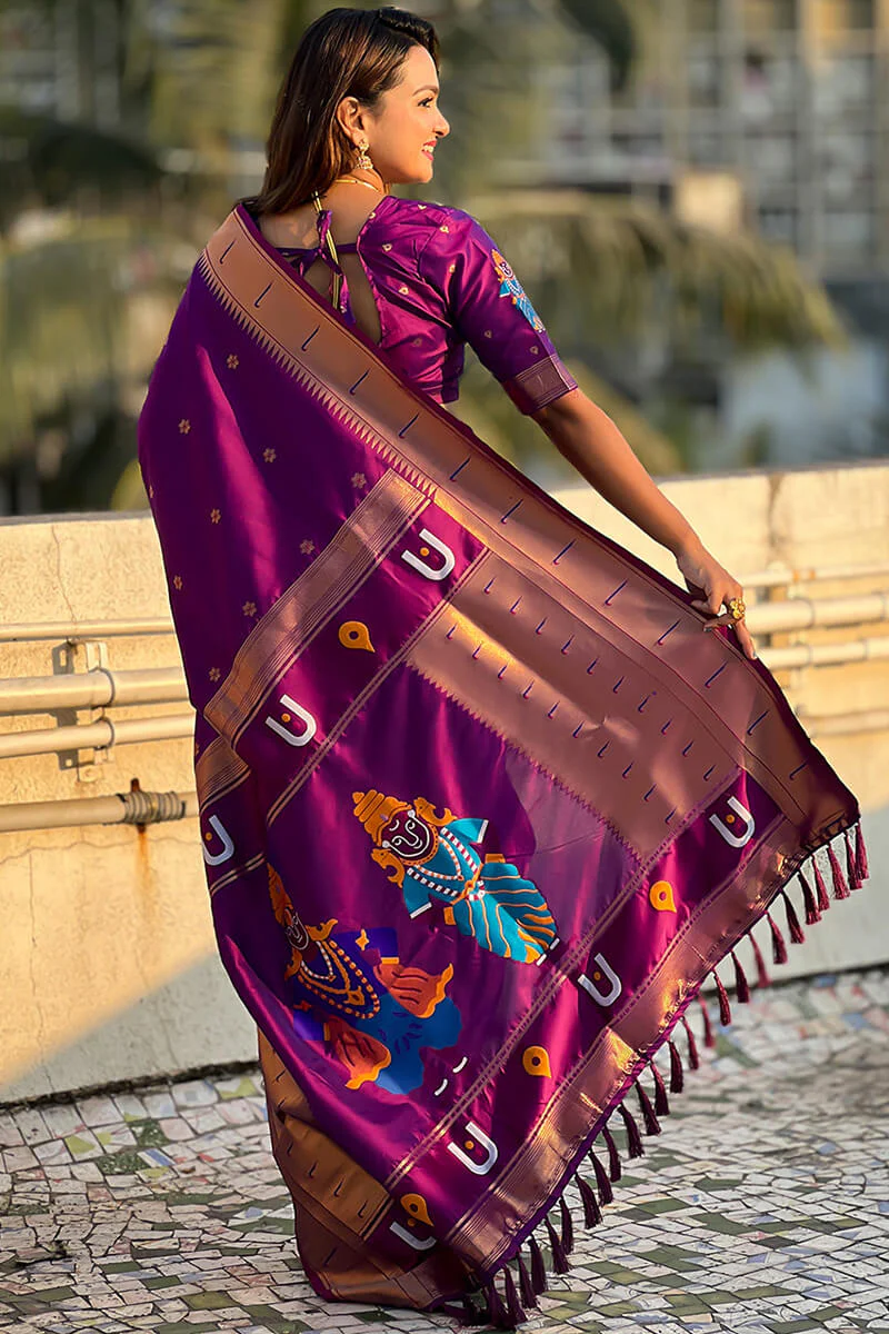 Embrocation Purple Paithani Silk Saree With Admirable Blouse Piece - Image 4