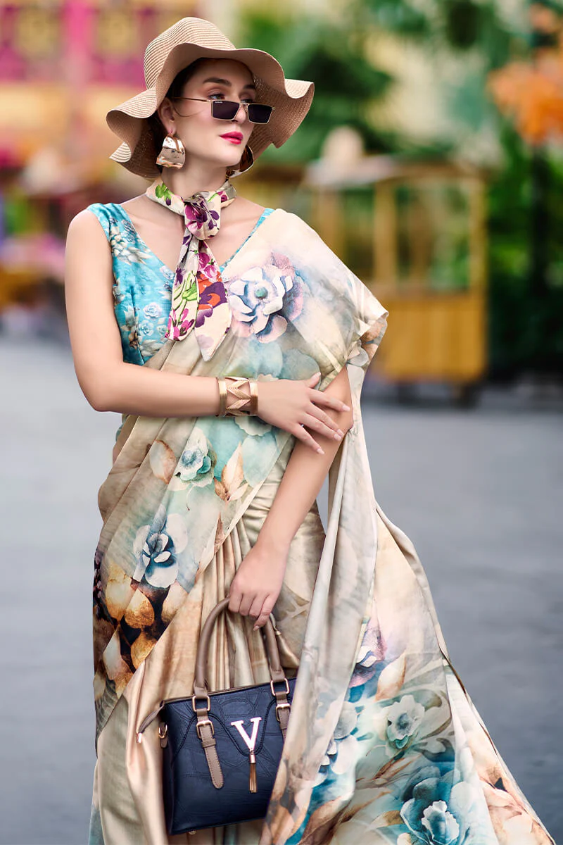 Enamoring Beige Digital Printed Satin Silk Saree With Resonant Blouse Piece - Image 2