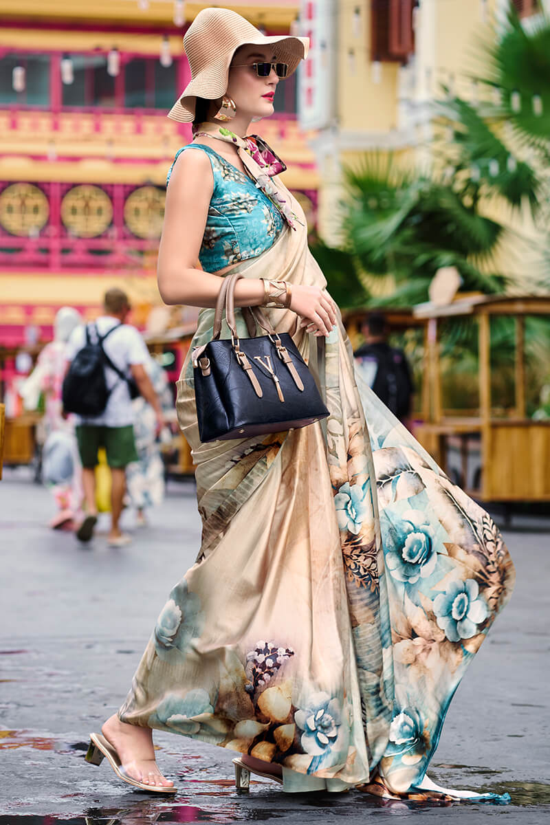 Enamoring Beige Digital Printed Satin Silk Saree With Resonant Blouse Piece - Image 3