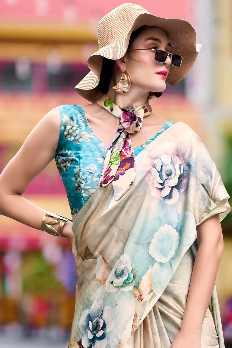 Enamoring Beige Digital Printed Satin Silk Saree With Resonant Blouse Piece - Image 4