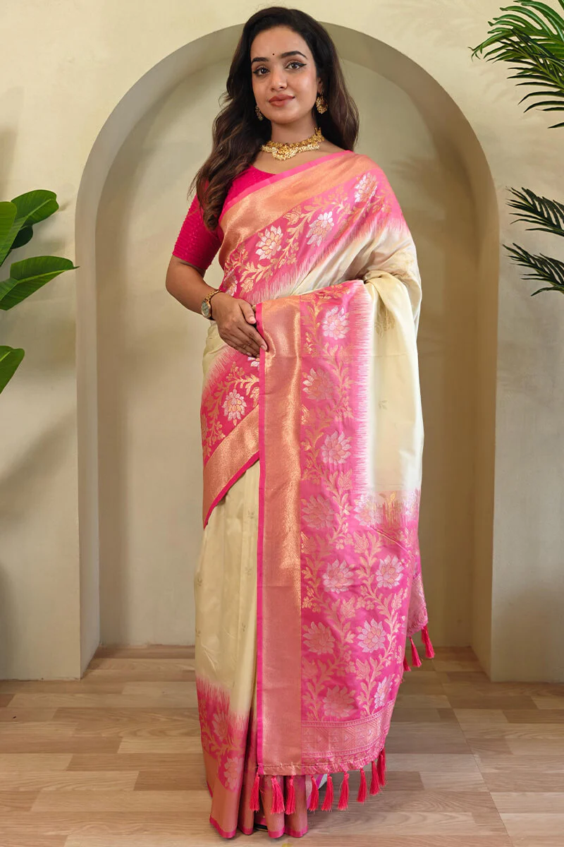 Enamoring Beige Soft Banarasi Silk Saree With Glowing Blouse Piece