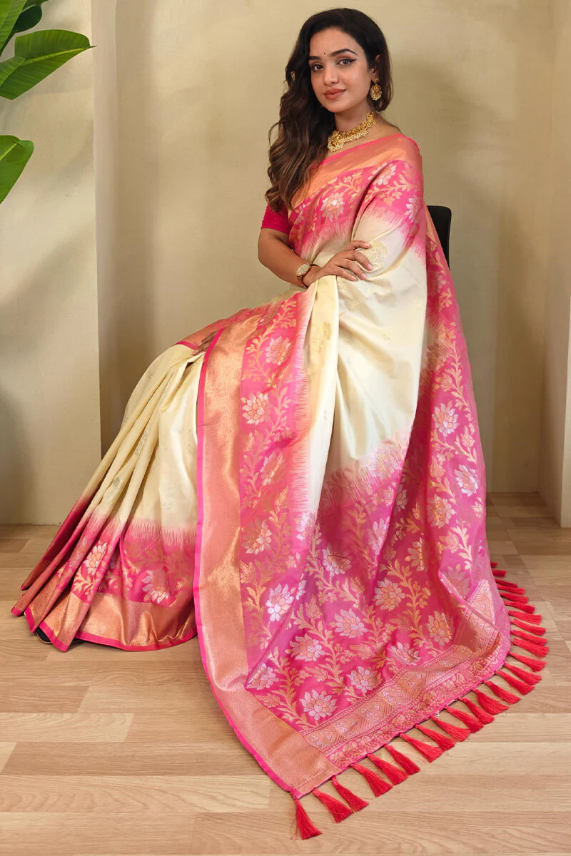 Enamoring Beige Soft Banarasi Silk Saree With Glowing Blouse Piece - Image 2