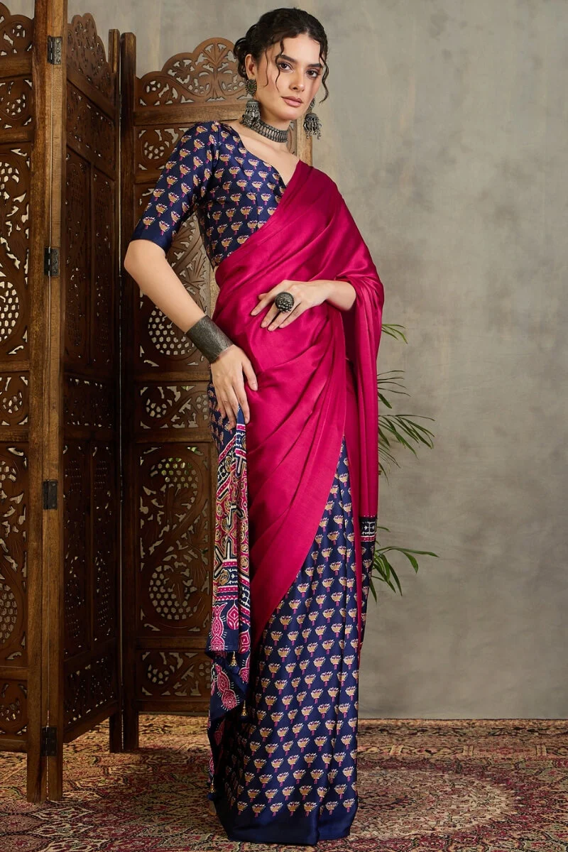Enamoring Dark Pink Ajrakh Printed Semi Modal Silk Saree With Susurrous Blouse Piece - Image 3