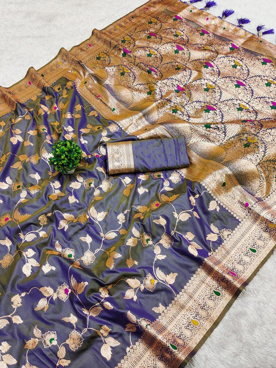Enamoring Grey Pure Zari Weaving Banarasi Silk Saree With Vibrant Blouse Piece