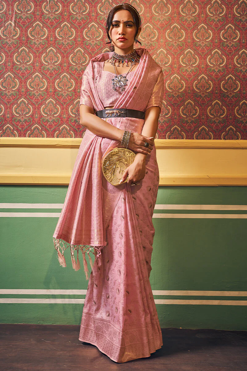 Enamoring Light Pink Soft Banarasi Silk Saree With Jubilant Blouse Piece - Image 2