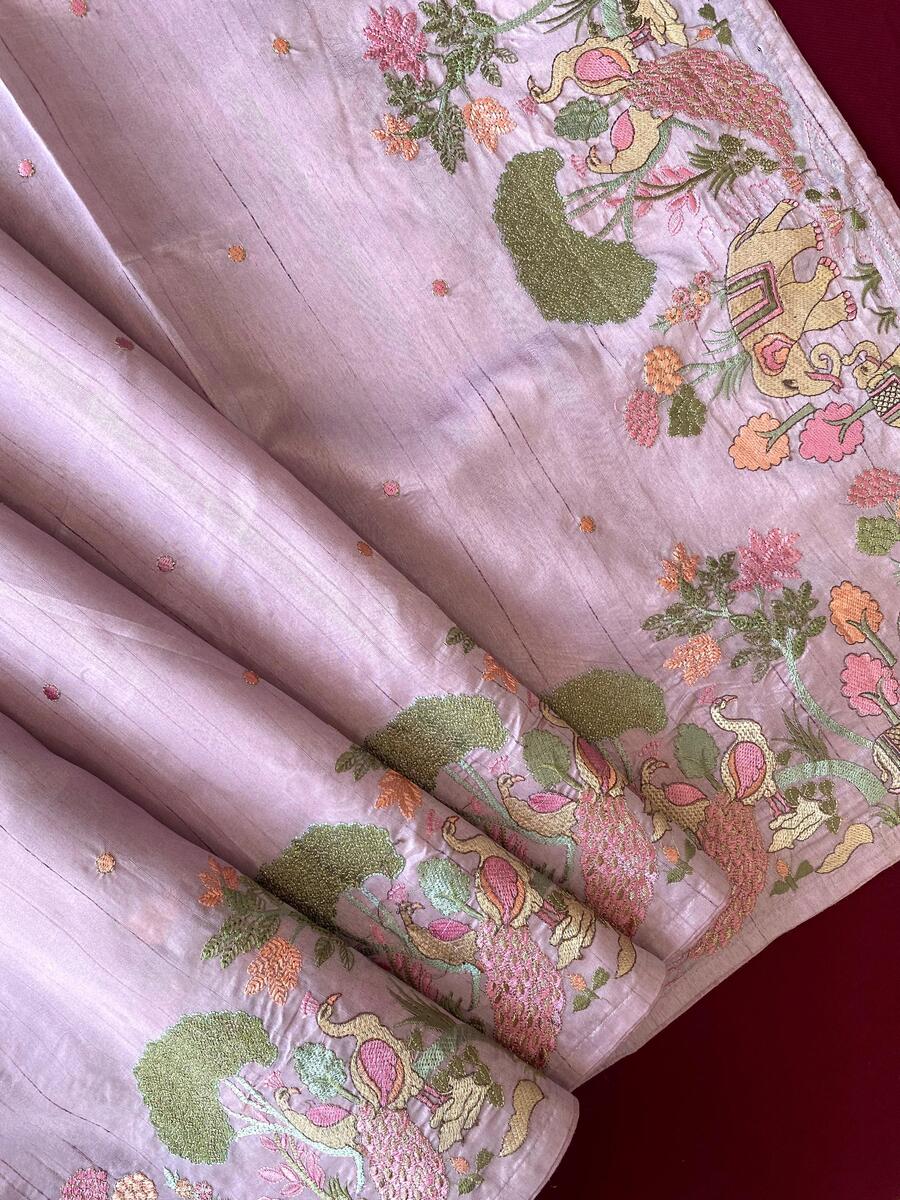 Enchanting Lavender Embroidery Work Tussar Silk Saree With Petrichor Blouse Piece - Image 3