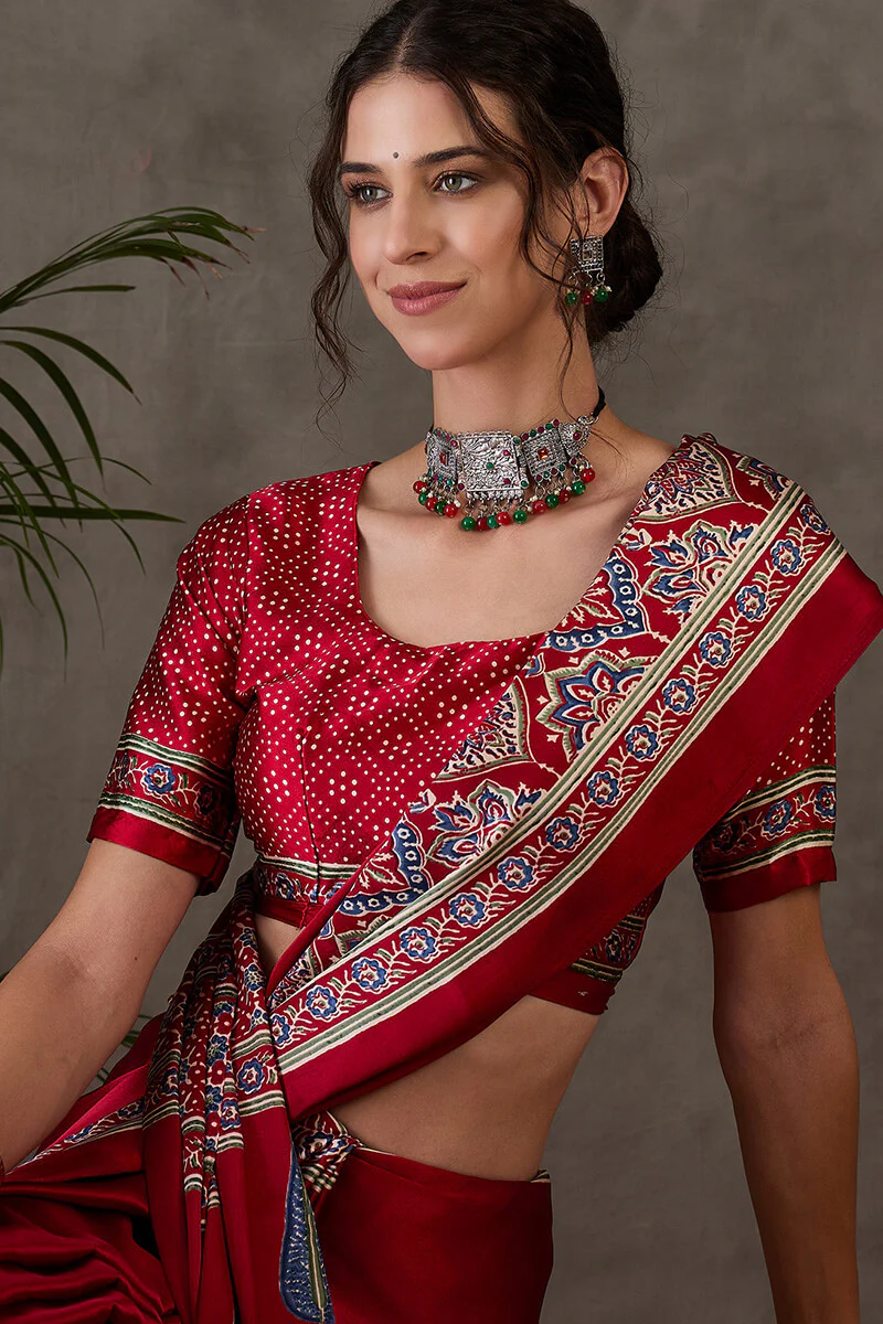 Enchanting Maroon Ajrakh Printed Semi Modal Silk Saree With Lassitude Blouse Piece - Image 2