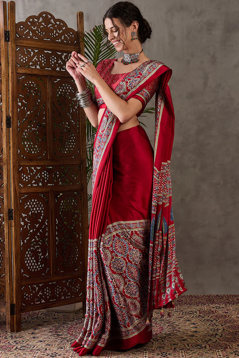 Enchanting Maroon Ajrakh Printed Semi Modal Silk Saree With Lassitude Blouse Piece - Image 3