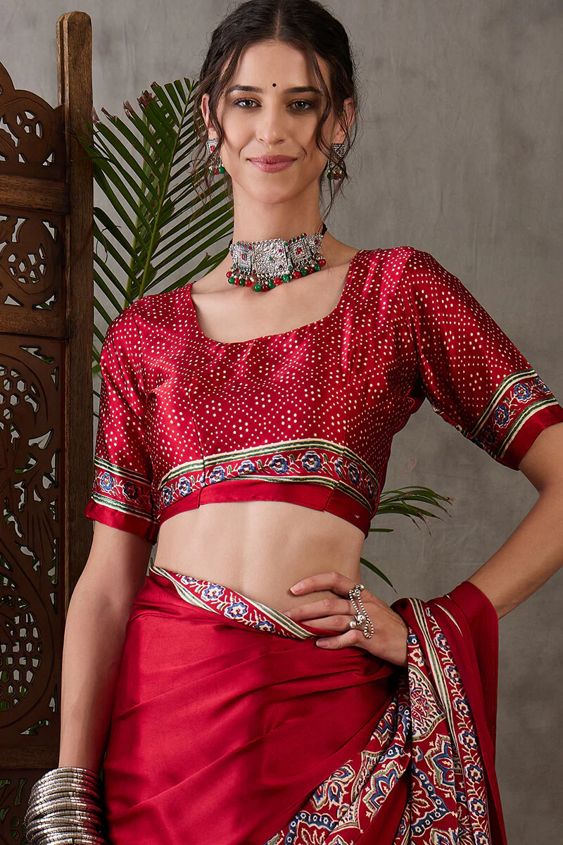 Enchanting Maroon Ajrakh Printed Semi Modal Silk Saree With Lassitude Blouse Piece - Image 4