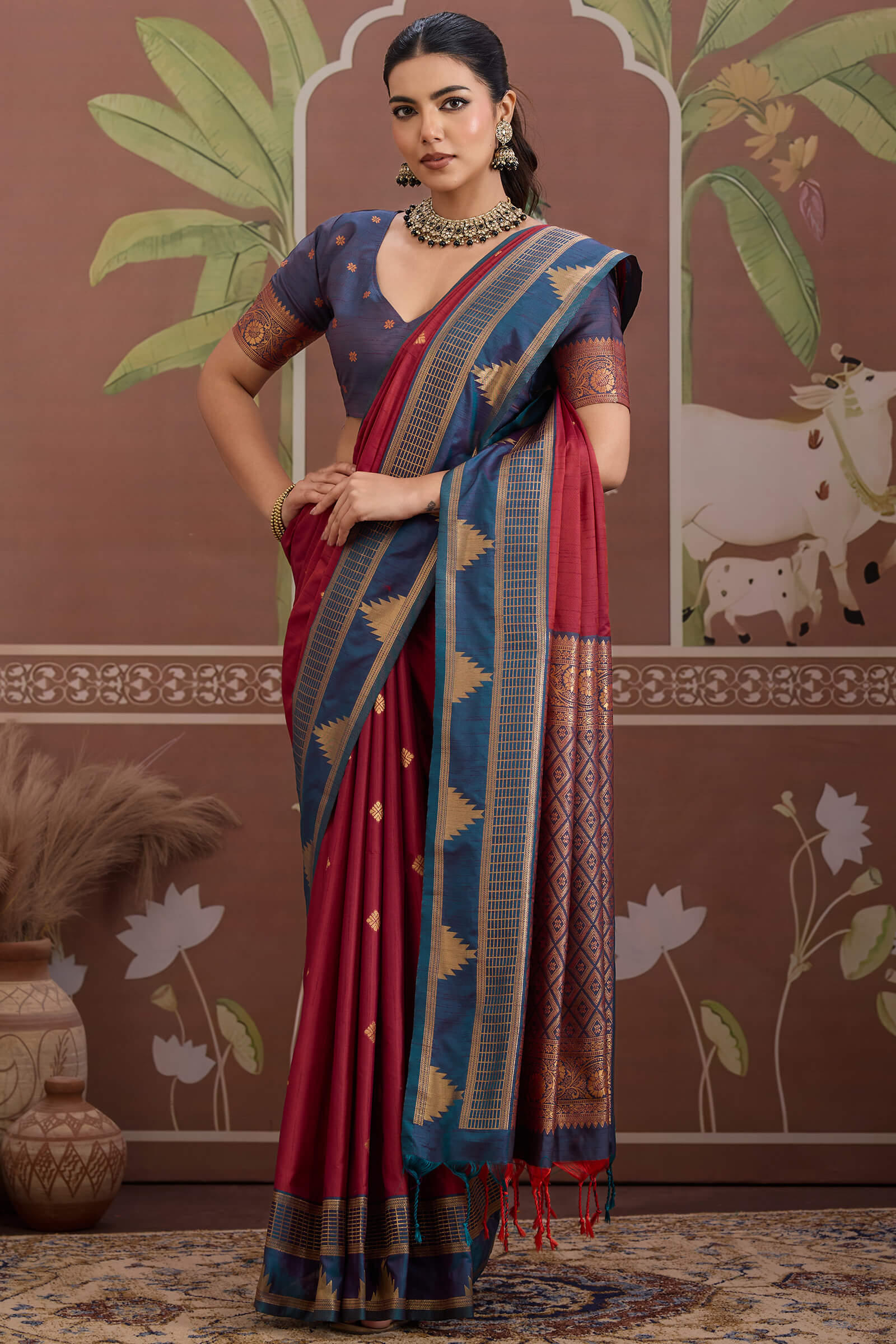 Enchanting Maroon Banarasi Tussar Silk Saree With Jubilant Blouse Piece - Image 3