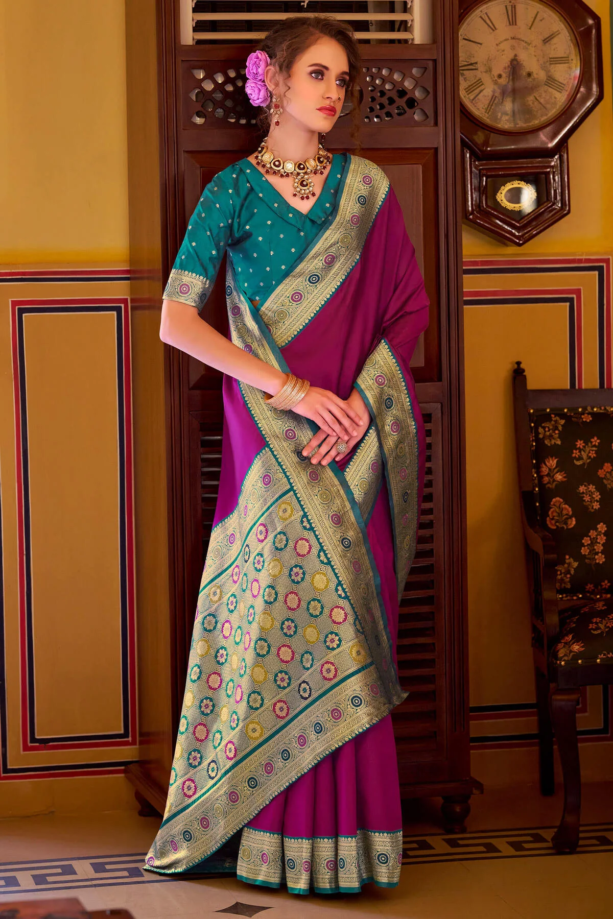 Enchanting Purple Pure Zari Weaving Banarasi Silk Saree With Embellished Blouse Piece - Image 3