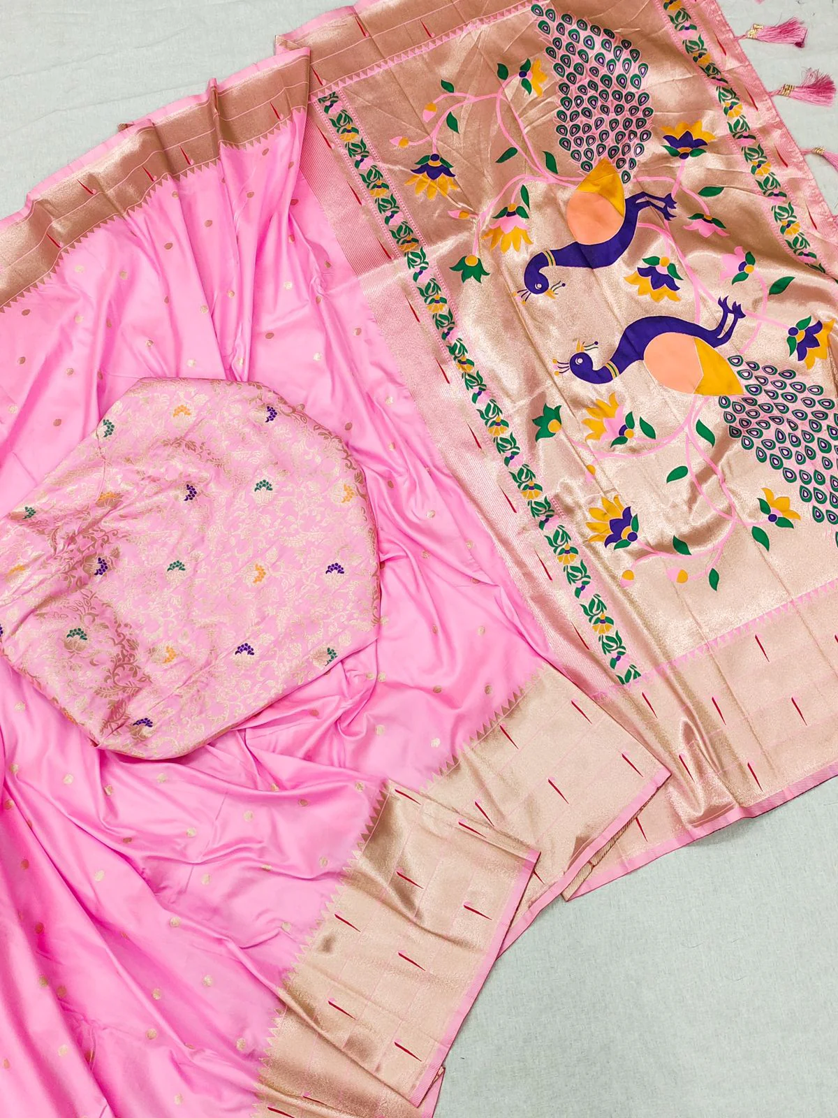 Energetic Baby Pink Paithani Silk Saree With Unique Blouse Piece - Image 2