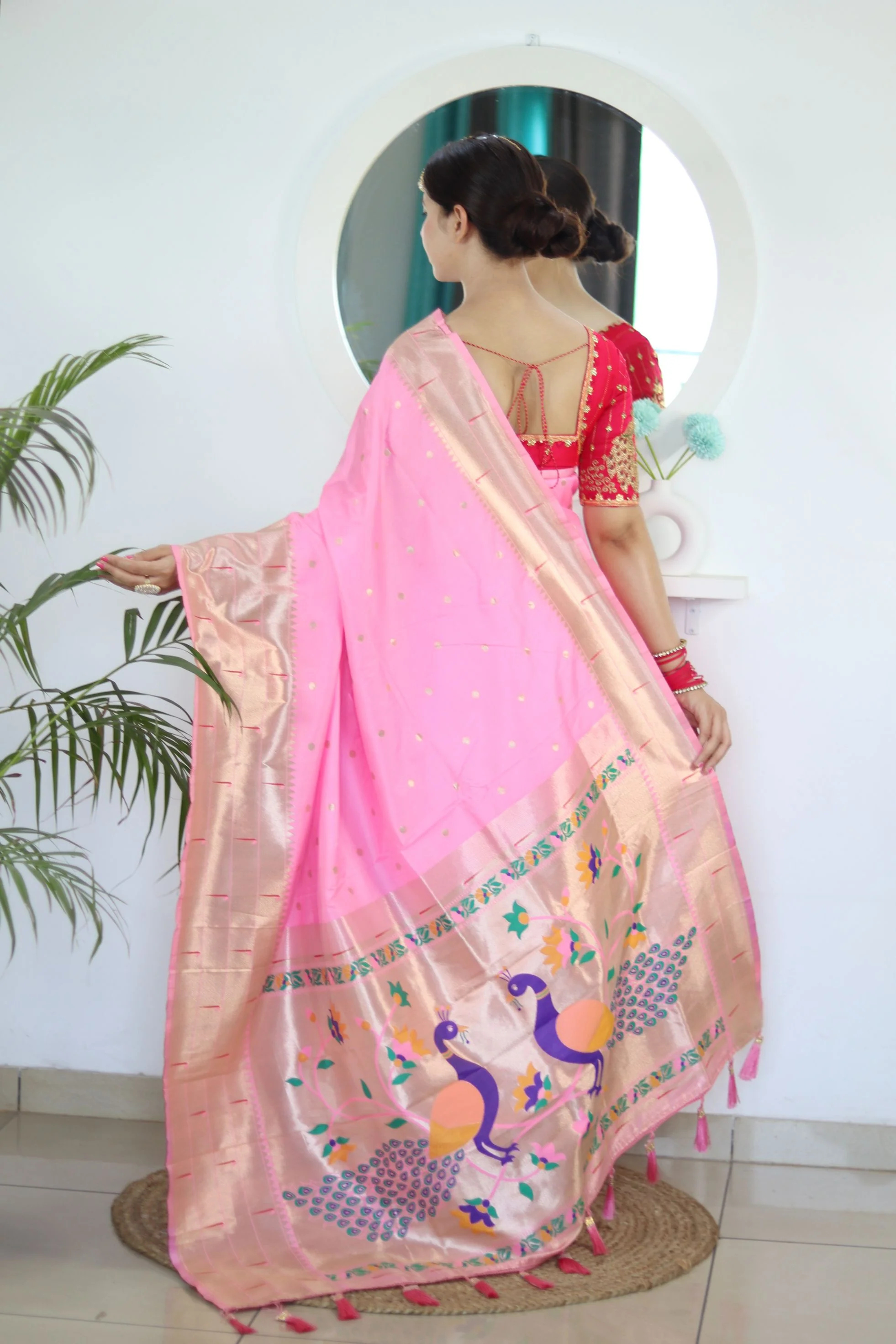 Energetic Baby Pink Paithani Silk Saree With Unique Blouse Piece - Image 6
