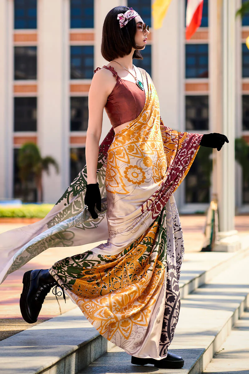 Energetic Beige Digital Printed Satin Silk Saree With Skinny Blouse Piece - Image 4