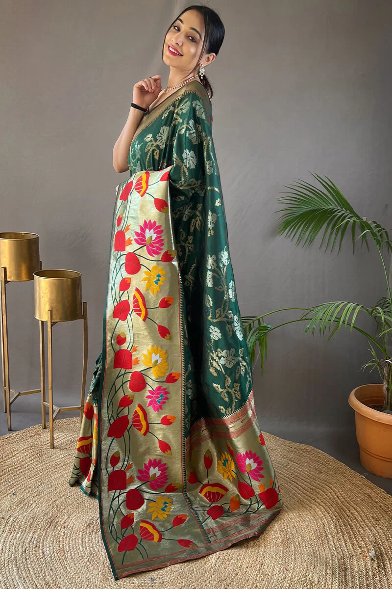 Energetic Dark Green Paithani Silk Saree With Deserving Blouse Piece - Image 3