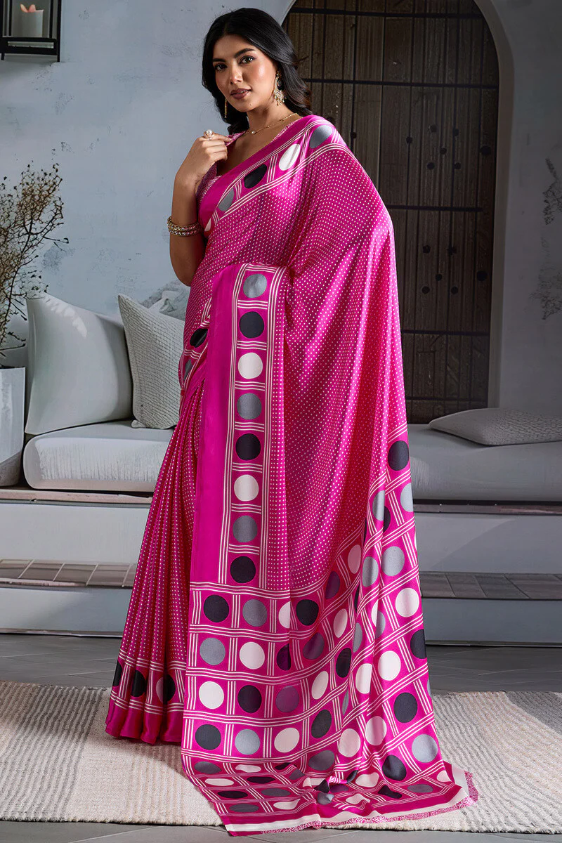Energetic Dark Pink Ajrakh Printed Satin Silk Saree With Glowing Blouse Piece - Image 3