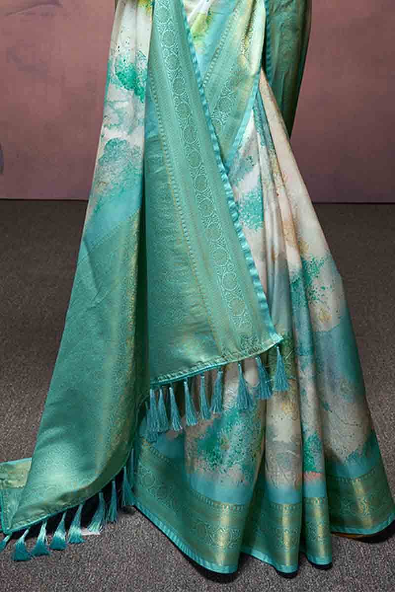 Energetic Firozi Digital Printed Soft Silk Saree With Flaunt Blouse Piece - Image 3
