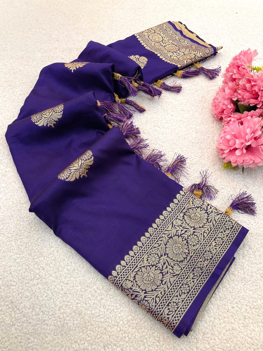 Energetic Royal Purple Pure Zari Weaving Banarasi Silk Saree With Ailurophile Blouse Piece - Image 2
