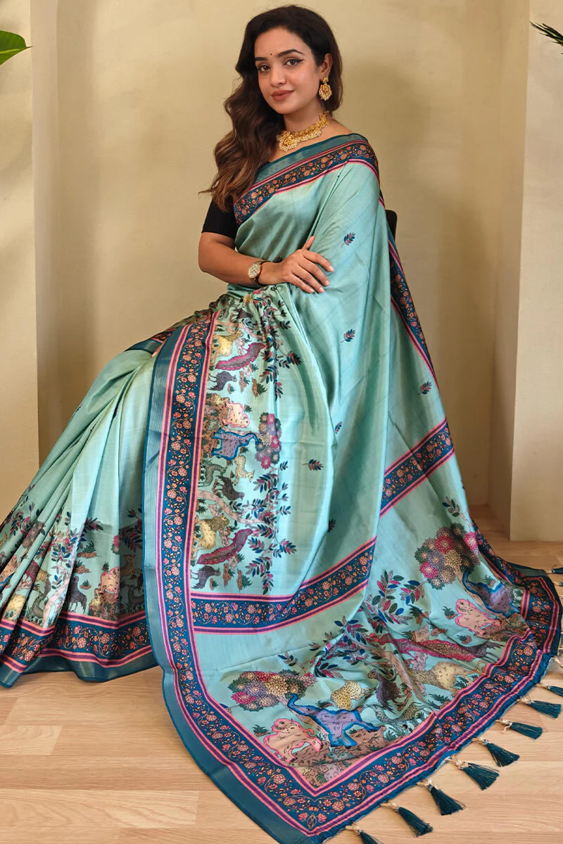 Energetic Sea Green Kalamkari Printed Viscose Dola Silk Saree With Capricious Blouse Piece - Image 2