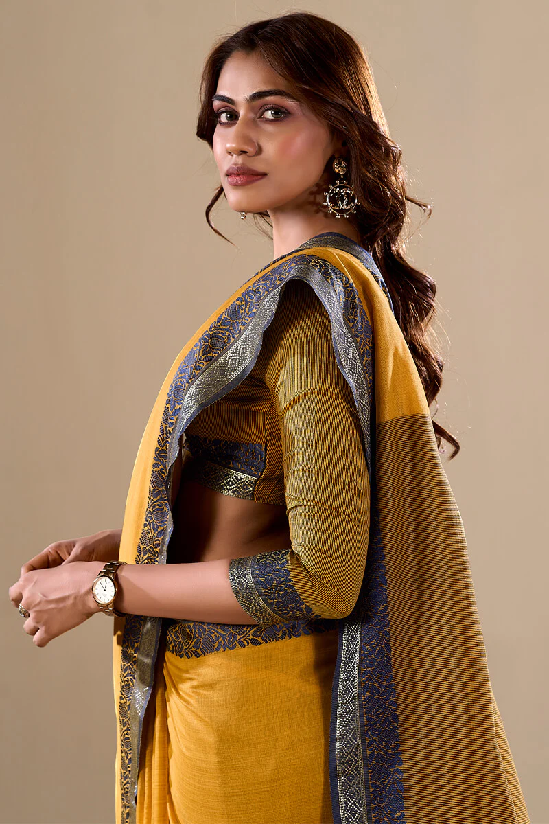 Energetic Yellow Cotton Silk Saree With Attractive Blouse Piece - Image 2