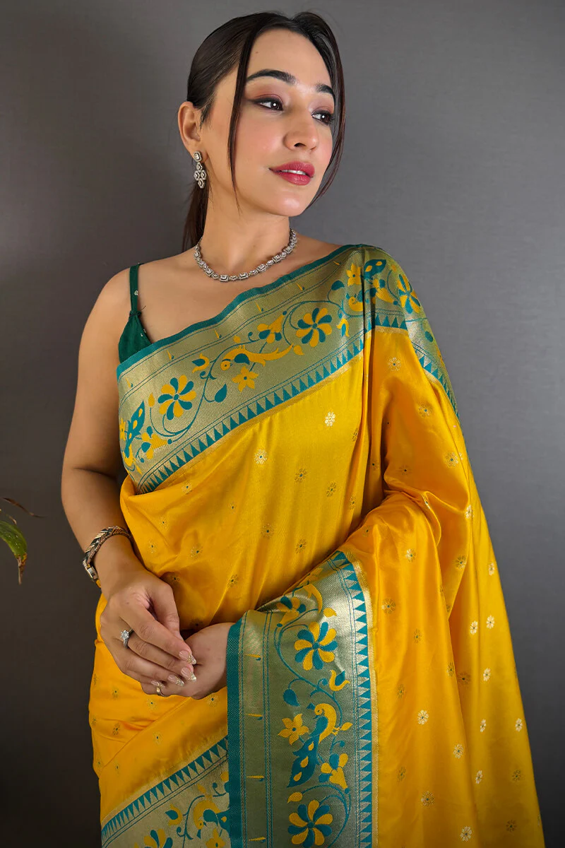 Energetic Yellow Paithani Silk Saree With Palimpsest Blouse Piece - Image 2