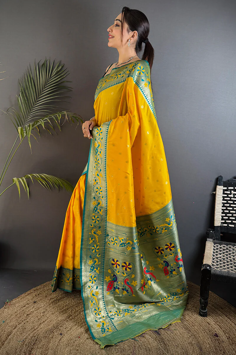 Energetic Yellow Paithani Silk Saree With Palimpsest Blouse Piece - Image 3