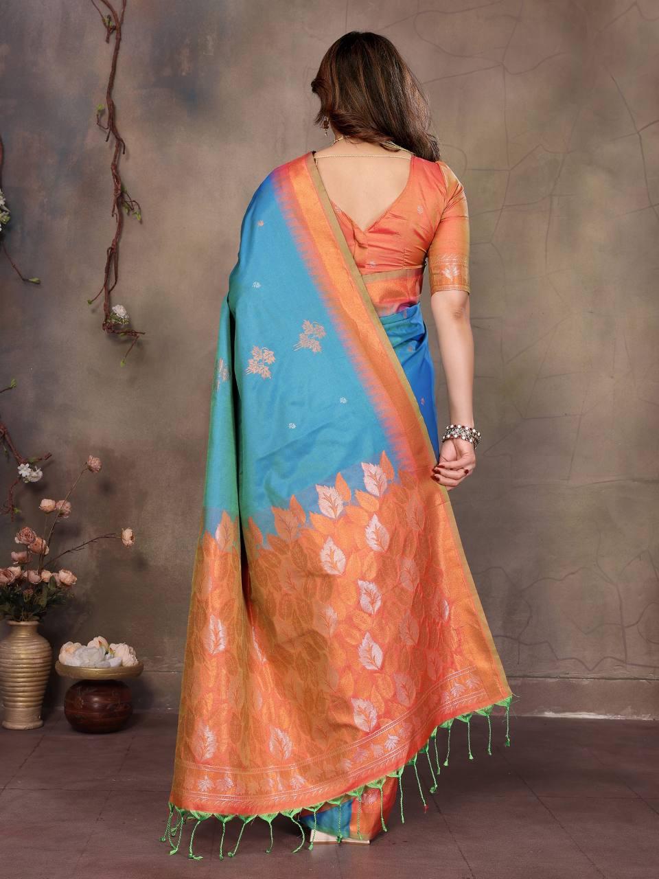 Engaging Firozi Soft Banarasi Silk Saree With Exuberant Blouse Piece - Image 5