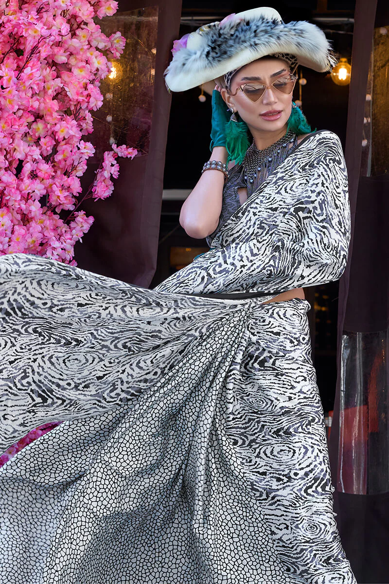 Engaging Grey Digital Printed Satin Silk Saree With Magnetic Blouse Piece - Image 2
