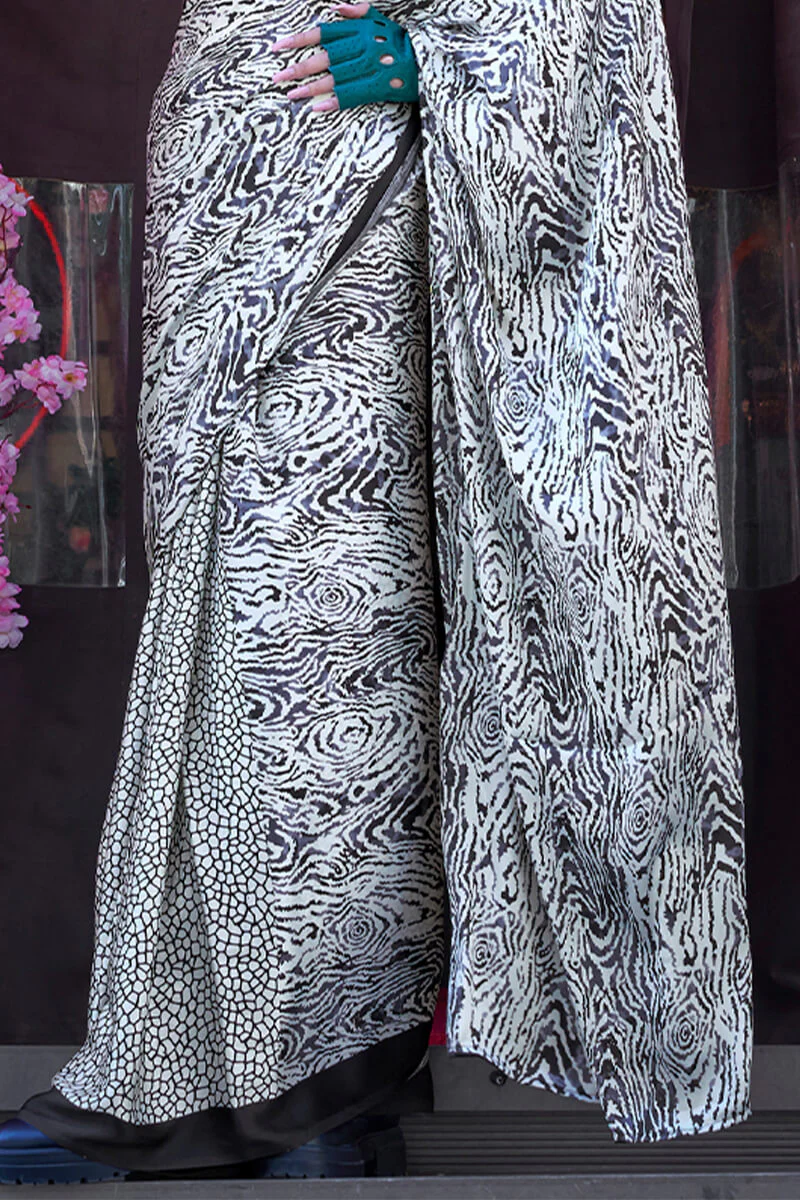 Engaging Grey Digital Printed Satin Silk Saree With Magnetic Blouse Piece - Image 3