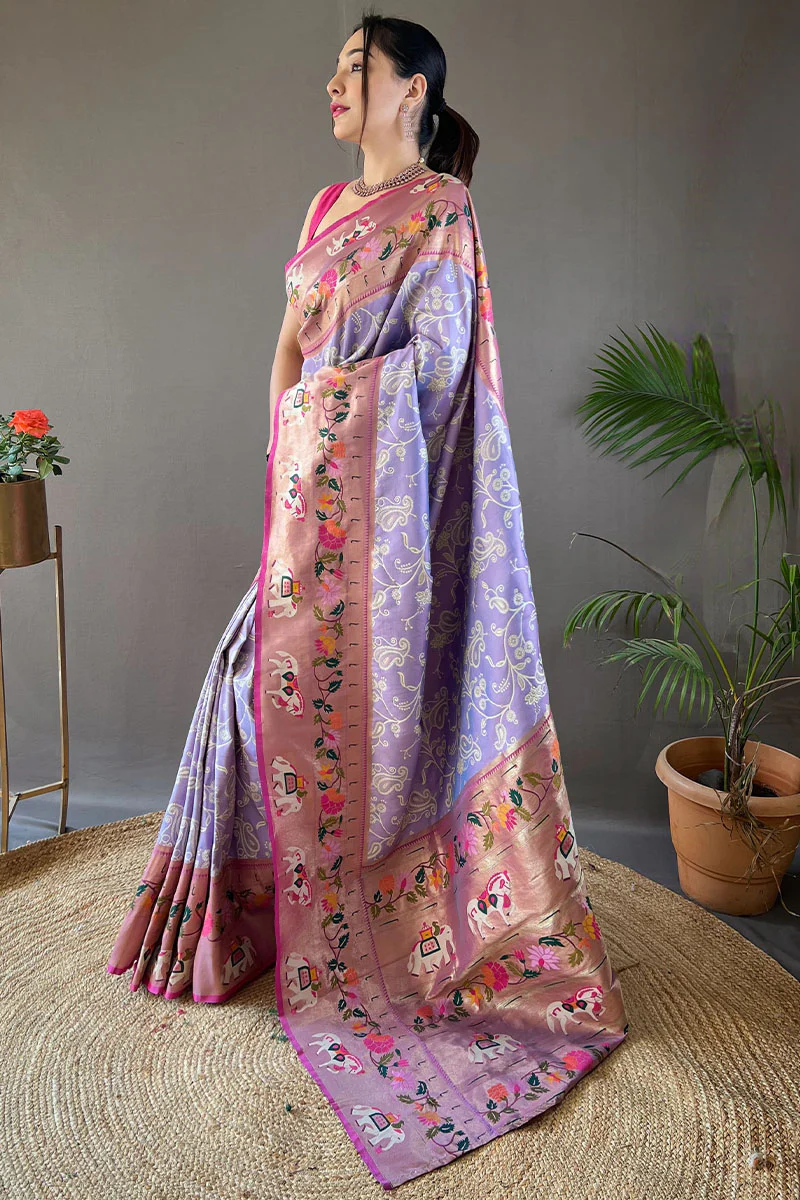 Engaging Lavender Paithani Silk Saree With Serendipity Blouse Piece - Image 3