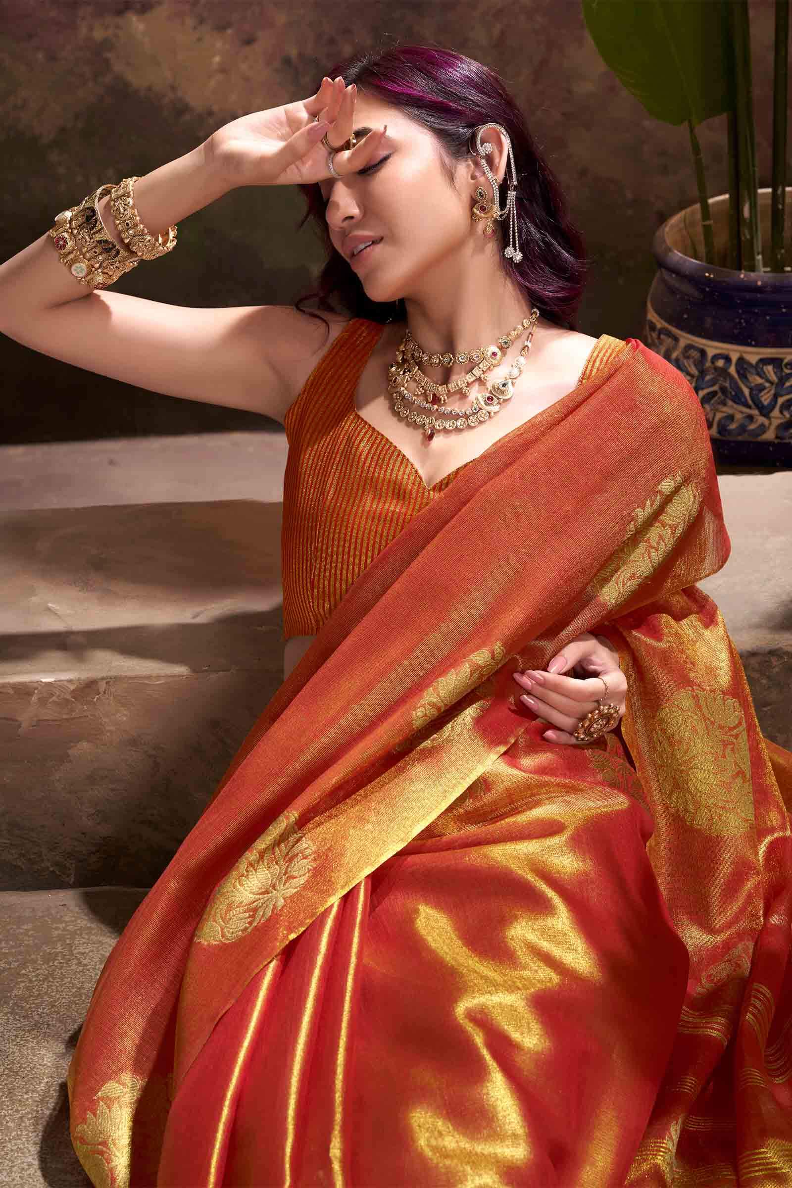 Engaging Orange Soft Banarasi Tissue Silk Saree With Ratatouille Blouse Piece - Image 2