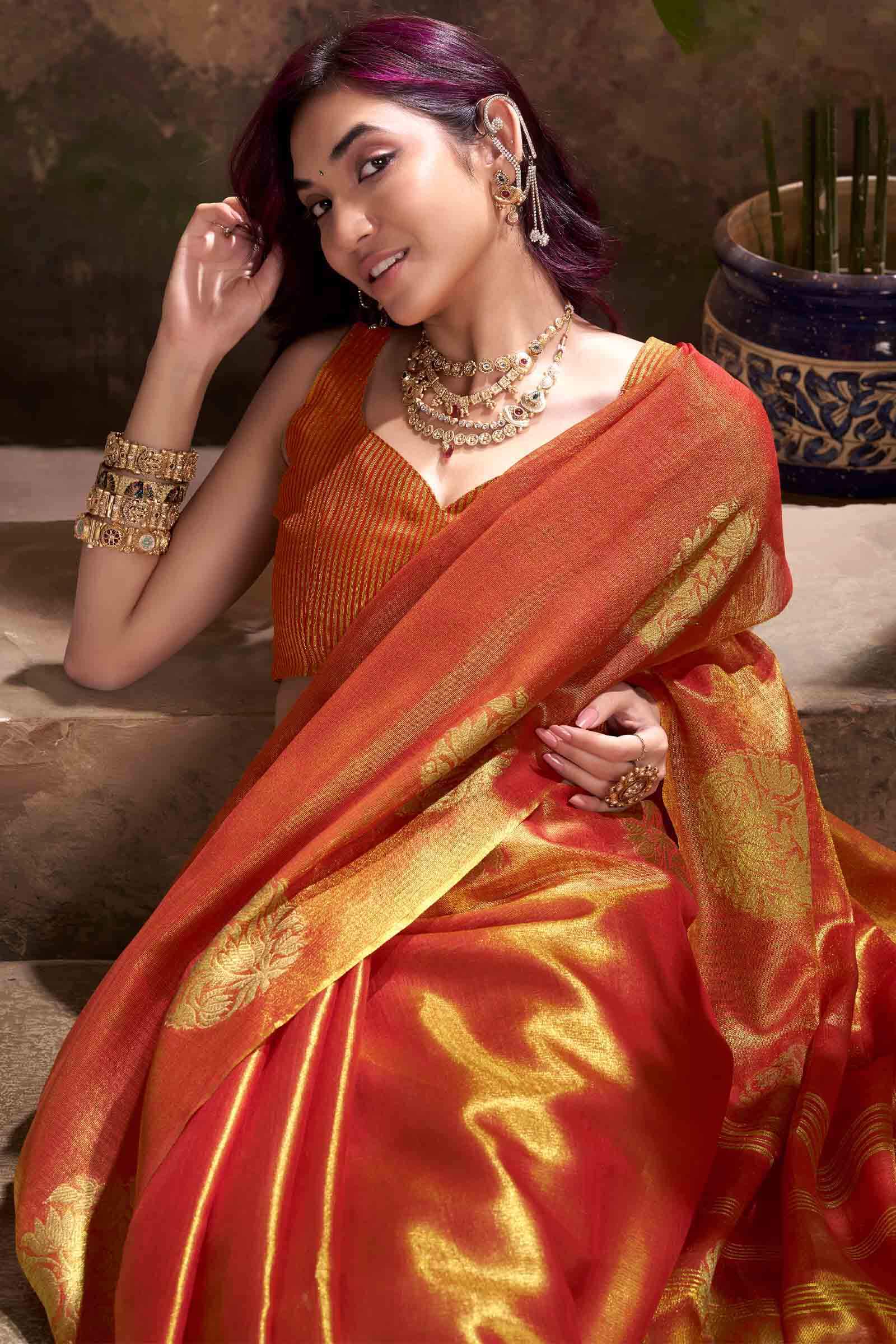 Engaging Orange Soft Banarasi Tissue Silk Saree With Ratatouille Blouse Piece - Image 5