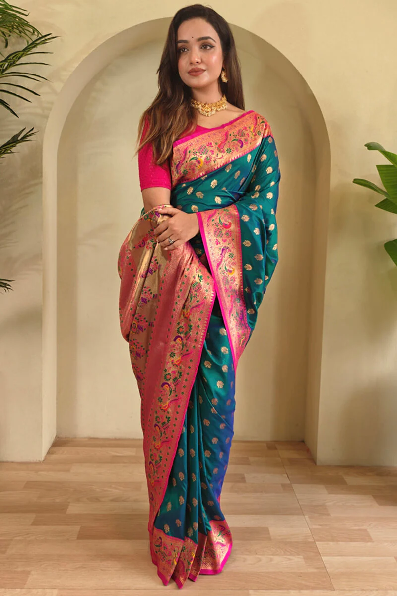 Engaging Rama Paithani Silk Saree With Glowing Blouse Piece - Image 3