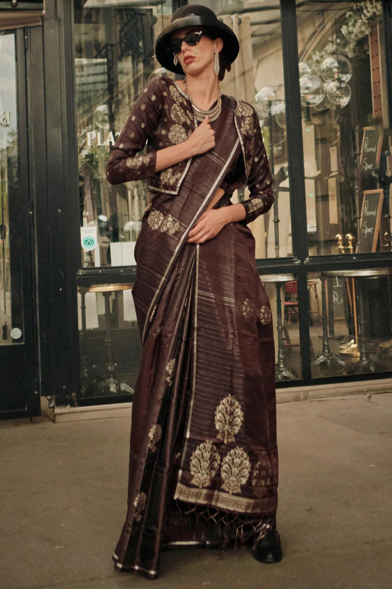 Engrossing Brown Banarasi Satin Silk Saree With Moiety Blouse