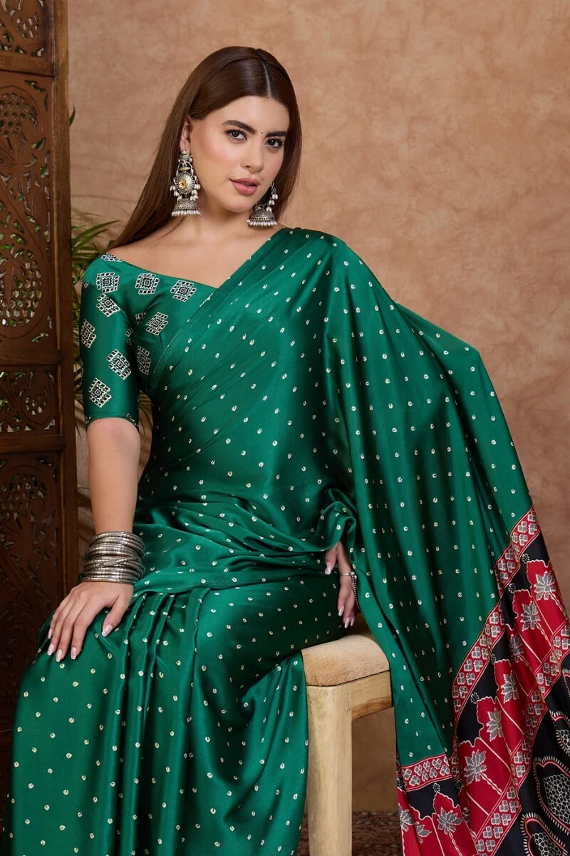 Engrossing Dark Green Ajrakh Printed Semi Modal Silk Saree With Imbrication Blouse Piece - Image 2