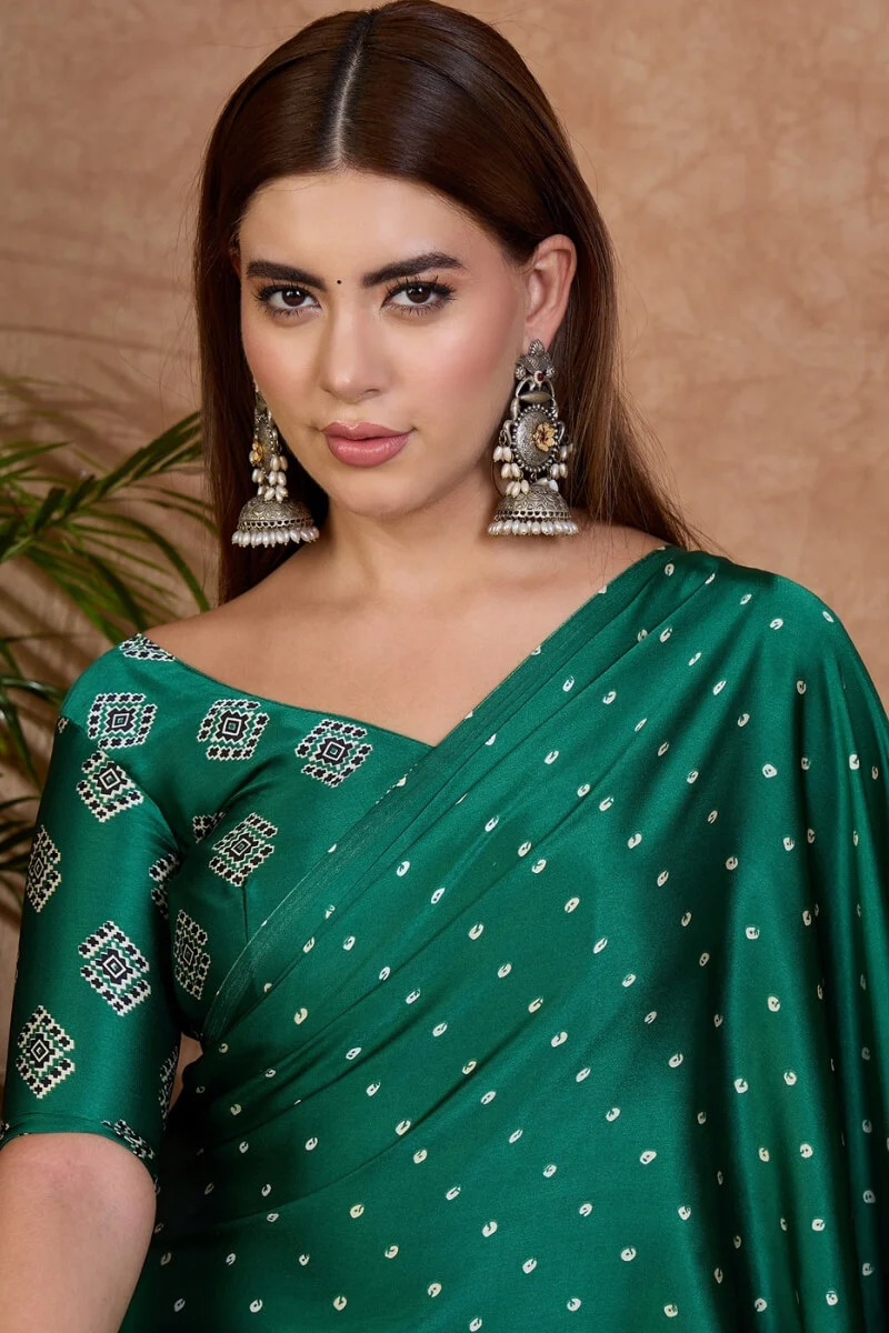 Engrossing Dark Green Ajrakh Printed Semi Modal Silk Saree With Imbrication Blouse Piece - Image 4