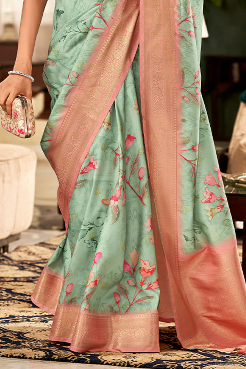 Engrossing Pista Digital Printed Soft Silk Saree With Entrancing Blouse Piece - Image 3
