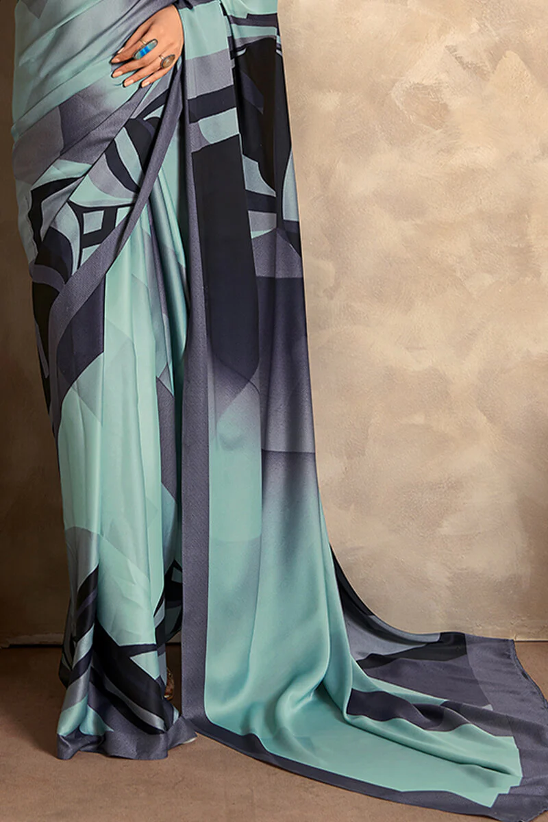 Engrossing Sky Digital Printed Satin Silk Saree With Groovy Blouse Piece - Image 3