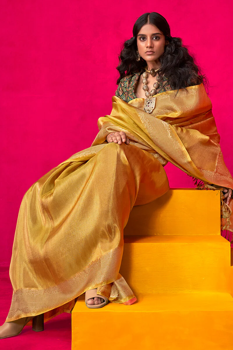Engrossing Yellow Soft Banarasi Tissue Silk Saree With Scintilla Blouse Piece - Image 2
