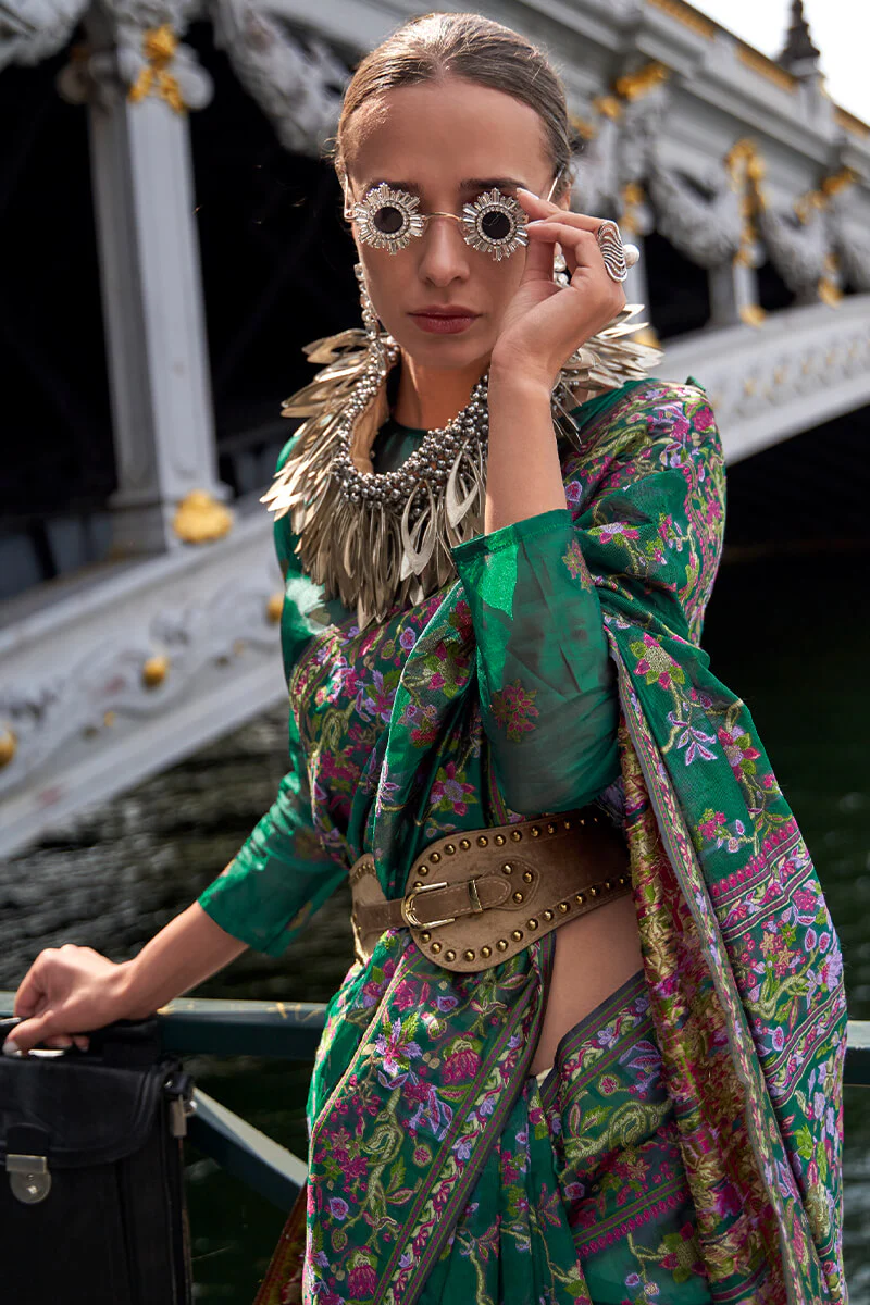 Enigmatic Dark Green Pashmina saree With Profuse Blouse Piece - Image 2